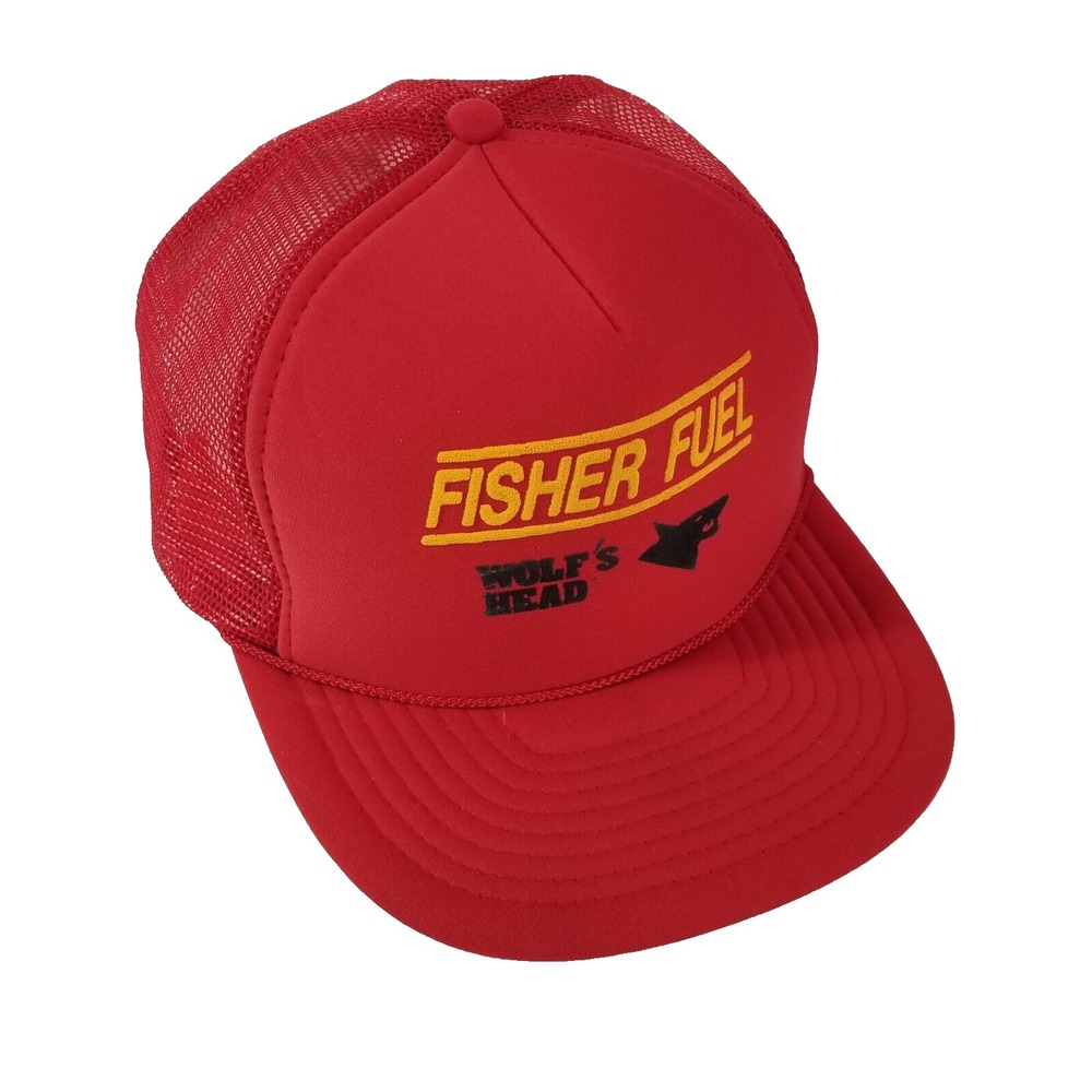 Nissin Cap Hat Mens OS Red Fisher Fuel Wolfs Head Trucker Mesh Snapback Vintage